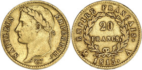 FRANCE
Premier Empire / Napoléon Ier (1804-1814). 20 francs Empire 1813, A, Paris. G.1025 - F.516 - Fr.511 ; Or - 6,40 g - 21 mm - 6 h
Nettoyé. TTB.