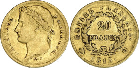 FRANCE
Premier Empire / Napoléon Ier (1804-1814). 20 francs Empire 1813, Q, Perpignan. G.1025 - F.516 - Fr.518 ; Or - 6,35 g - 21 mm - 6 h
TB.