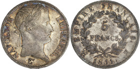 FRANCE
Premier Empire / Napoléon Ier (1804-1814). 5 francs Empire 1811, MA, Marseille. G.584 - F.307 ; Argent - 24,82 g - 37 mm - 6 h
Presque TTB.