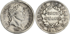 FRANCE
Premier Empire / Napoléon Ier (1804-1814). Demi-franc Empire 1809, K, Bordeaux. G.399 - F.178 ; Argent - 2,40 g - 18 mm - 6 h
Nettoyé. TB.