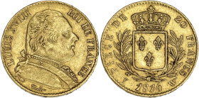 FRANCE
Louis XVIII (1814-1824). 20 francs buste habillé 1814, W, Lille. G.1026 - F.517 - Fr.528 ; Or - 6,41 g - 21 mm - 6 h
Millésime peu commun. TTB....