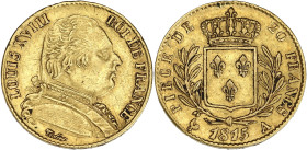 FRANCE
Louis XVIII (1814-1824). 20 francs buste habillé 1815, A, Paris. G.1026 - F.517 - Fr.525 ; Or - 6,44 g - 21 mm - 6 h
TTB.