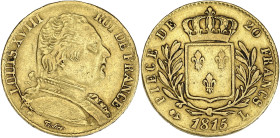 FRANCE
Louis XVIII (1814-1824). 20 francs buste habillé 1815, L, Bayonne. G.1026 - F.517 - Fr.526 ; Or - 6,42 g - 21 mm - 6 h
Belle cassure de coin à ...
