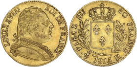 FRANCE
Louis XVIII (1814-1824). 20 francs buste habillé 1815, R, Londres. G.1027 - F.518 - Fr.531 ; Or - 6,43 g - 21 mm - 6 h
TTB.