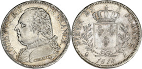 FRANCE
Louis XVIII (1814-1824). 5 francs buste habillé 1814, A, Paris. G.591 - F.308 ; Argent - 25,02 g - 37 mm - 6 h
Avec une étiquette de collection...