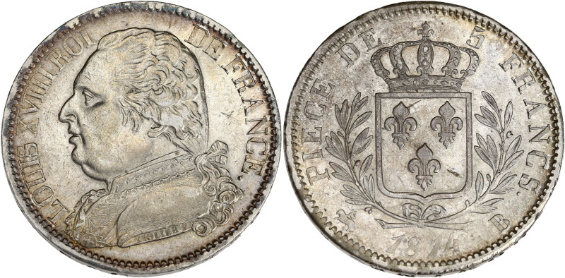 FRANCE
Louis XVIII (1814-1824). 5 francs buste habillé 1814, B, Rouen. G.591 - F...