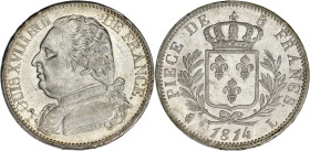 FRANCE
Louis XVIII (1814-1824). 5 francs buste habillé 1814, L, Bayonne. G.591 - F.308 ; Argent - 25 g - 37 mm - 6 h
Avec une étiquette de collection ...