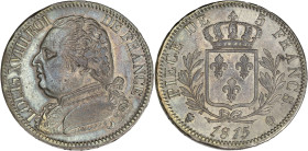 FRANCE
Louis XVIII (1814-1824). 5 francs buste habillé 1815, Q, Perpignan. G.591 - F.308 ; Argent - 24,95 g - 37 mm - 6 h
TTB à Superbe.