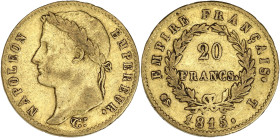 FRANCE
Cent-Jours / Napoléon Ier (mars-juillet 1815). 20 francs Empire 1815, L, Bayonne. G.1025a - F.516 - Fr.523 ; Or - 6,39 g - 21 mm - 6 h
Rare mil...