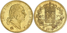 FRANCE
Louis XVIII (1814-1824). 40 francs 1816, Q, Perpignan. G.1092 - F.542 - Fr.535 ; Or - 12,90 g - 26 mm - 6 h
Jolie qualité pour ce millésime peu...