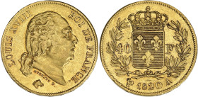 FRANCE
Louis XVIII (1814-1824). 40 francs 1820, A, Paris. G.1092 - F.542 - Fr.532 ; Or - 12,80 g - 26 mm - 6 h
Millésime peu commun. TTB.