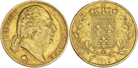 FRANCE
Louis XVIII (1814-1824). 20 francs tête nue 1819, A, Paris. G.1028 - F.519 - Fr.538 ; Or - 6,31 g - 21 mm - 6 h
TTB.