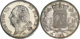 FRANCE
Louis XVIII (1814-1824). 5 francs buste nu 1818, B, Rouen. G.614 - F.309 ; Argent - 25 g - 37 mm - 6 h
Avec une étiquette de collection : achat...