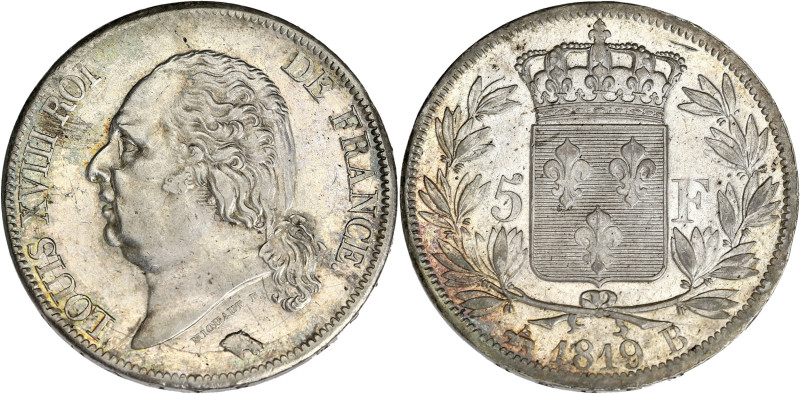 FRANCE
Louis XVIII (1814-1824). 5 francs buste nu 1819, B, Rouen. G.614 - F.309 ...