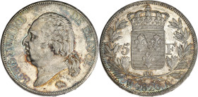 FRANCE
Louis XVIII (1814-1824). 5 francs buste nu 1820, A, Paris. G.614 - F.309 ; Argent - 37 mm - 6 h
Avec une étiquette de collection : achat André ...