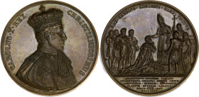 FRANCE
Charles X (1824-1830). Médaille pour le sacre du roi à Reims 1825. Cuivre - 57,66 g - 51 mm - 12 h
Très beau portrait. Superbe.