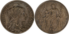 FRANCE
IIIe République (1870-1940). 10 centimes Daniel-Dupuis 1905. G.277 - F.136 ; Bronze - 10 g - 30 mm - 6 h
Date peu commune. TTB.