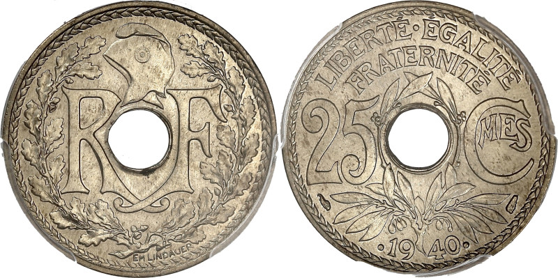 FRANCE
IIIe République (1870-1940). 25 centimes, Lindauer, avec points 1940, Par...