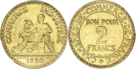 FRANCE
IIIe République (1870-1940). 2 francs, Chambre de Commerce 1920, Paris. G.533 - F.267 ; Bronze-aluminium - 8 g - 27 mm - 6 h
PCGS MS63 (3655413...