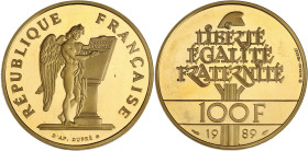 FRANCE
Ve République (1958 à nos jours). 100 francs Droits de l’homme, frappe en or sur flan bruni 1989. G.904 - Fr.611 ; Or - 17 g - 31 mm - 6 h
Supe...