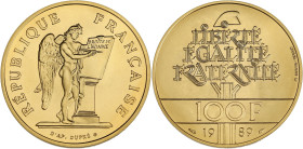 FRANCE
Ve République (1958 à nos jours). 100 francs Droits de l’homme, frappe en or 1989. G.904 - Fr.611 ; Or - 17 g - 31 mm - 6 h
1000 exemplaires se...