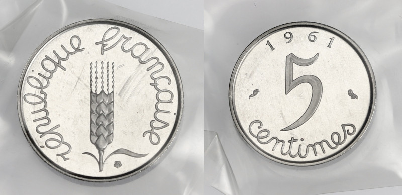 FRANCE
Ve République (1958 à nos jours). Piéfort de 5 centimes Épi 1961, Pessac....