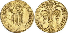 FRANCE / FÉODALES
Dauphiné, Viennois (dauphins du), Humbert II (1333-1349). Florin ND (1333-1349). Dy.2430 - Fr.246 ; Or - 3,30 g - 20 mm - 7 h
TTB.