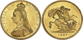 GRANDE-BRETAGNE
Victoria (1837-1901). 5 livres (5 pounds), jubilé de la Reine 1887, Londres. S.3864 - KM.769 - Fr.390 ; Or - 39,90 g - 36 mm - 12 h
Su...