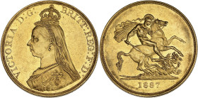 GRANDE-BRETAGNE
Victoria (1837-1901). 5 livres (5 pounds), jubilé de la Reine 1887, Londres. S.3864 - KM.769 - Fr.390 ; Or - 39,92 g - 36 mm - 12 h
Pr...