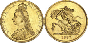 GRANDE-BRETAGNE
Victoria (1837-1901). 5 livres (5 pounds), jubilé de la Reine 1887, Londres. S.3864 - KM.769 - Fr.390 ; Or - 39,90 g - 36 mm - 12 h
Pr...