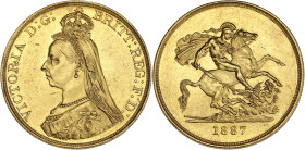 GRANDE-BRETAGNE
Victoria (1837-1901). 5 livres (5 pounds), jubilé de la Reine 1887, Londres. S.3864 - KM.769 - Fr.390 ; Or - 39,80 g - 36 mm - 12 h
Tr...