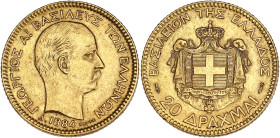 GRÈCE
Georges Ier (1863-1913). 20 drachmes Or 1884, A, Paris. Fr.18 ; Or - 6,41 g - 21 mm - 6 h
Superbe.