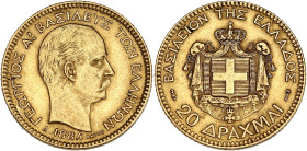 GRÈCE
Georges Ier (1863-1913). 20 drachmes Or 1884, A, Paris. Fr.18 ; Or - 6,43 g - 21 mm - 6 h
Beau TTB.