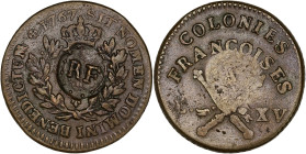 GUADELOUPE
Louis XV (1715-1774). Sol des colonies françaises contremarque “RF”, 3 sous 9 deniers 1767 (1793), A, Paris. Lec.4 ; Cuivre - 12,17 g - 28 ...