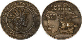 GUADELOUPE
IVe République (1947-1958). Médaille, 100ème anniversaire de la banque de Guadeloupe 1953. Bronze - 96,35 g - 59 mm - 12 h
Légers chocs sur...