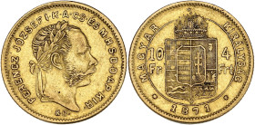 HONGRIE
François-Joseph Ier (1848-1916). 10 francs / 4 forint, aux armes de Fiume 1871, KB, Kremnitz. Fr.247 ; Or - 3,20 g - 19 mm - 12 h
TTB.