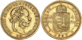 HONGRIE
François-Joseph Ier (1848-1916). 10 francs / 4 forint, aux armes de Fiume 1887, KB, Kremnitz. Fr.247 ; Or - 3,18 g - 19 mm - 12 h
Millésime pe...