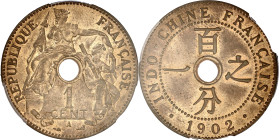 INDOCHINE
IIIe République (1870-1940). 1 cent 1902, A, Paris. Lec.58 ; Bronze - 7,5 g - 27,5 mm - 6 h
PCGS MS65RB (28256772). Superbe à Fleur de coin....