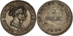 ITALIE
Lucques, Elisa Bonaparte et Felix Baciocchi (1805-1814). Essai de 2 soldi 1804, Florence. KM.- ; Étain bronzé - 5,44 g - 22 mm - 12 h
Essai en ...