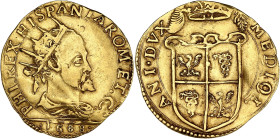 ITALIE
Milan (duché de), Philippe II (1540-1598). Doppia 1588, Milan. Fr.716 ; Or - 6,52 g - 28 mm - 3 h
Flan large. Agréable exemplaire. TTB.