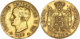 ITALIE
Milan, royaume d’Italie, Napoléon Ier (1805-1814). 40 lire, tranche en relief 1808, M, Milan. M.192 - Pag.11 - Gn.72 - Fr.5 ; Or - 12,80 g - 26...