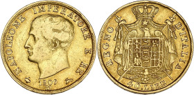 ITALIE
Milan, royaume d’Italie, Napoléon Ier (1805-1814). 40 lire, 2e type, tranche en creux 1809, M, Milan. Fr.5 ; Or - 12,79 g - 26 mm - 6 h
TB à TT...