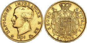 ITALIE
Milan, royaume d’Italie, Napoléon Ier (1805-1814). 40 lire, 2e type, tranche en creux 1814, M, Milan. M.198 - Pag.15 - G.IT.32 - Fr.5 ; Or - 12...