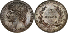ITALIE
Naples, Joachim Murat (1808-1815). 3 grana, refrappe 1810. Pag.762 ; Bronze - 24,20 g - 34,5 mm - 12 h
Monnaie très étrange, probablement frapp...