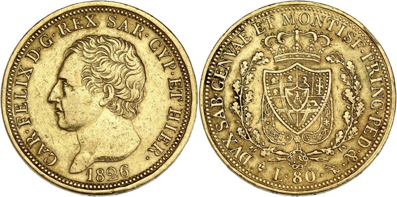 ITALIE
Savoie-Sardaigne, Charles-Félix (1821-1831). 80 lire 1826, Tête d’aigle, ...