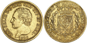 ITALIE
Savoie-Sardaigne, Charles-Félix (1821-1831). 80 lire 1826, Tête d’aigle, Turin. Fr.1132 ; Or - 25,73 g - 33 mm - 6 h
TTB.