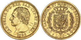ITALIE
Savoie-Sardaigne, Charles-Félix (1821-1831). 80 lire 1828, Tête d’aigle, Turin. Fr.1132 ; Or - 25,78 g - 33 mm - 6 h
Beau TTB.