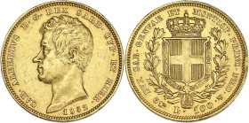 ITALIE
Savoie-Sardaigne, Charles-Albert (1831-1849). 100 lire 1832, Tête d’aigle, Turin. Fr.1138 ; Or - 32,16 g - 34 mm - 6 h
TTB.