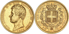 ITALIE
Savoie-Sardaigne, Charles-Albert (1831-1849). 100 lire 1834, Tête d’aigle, Turin. Fr.1138 ; Or - 32,19 g - 34 mm - 6 h
Beau TTB.