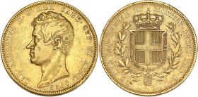 ITALIE
Savoie-Sardaigne, Charles-Albert (1831-1849). 100 lire 1840, Tête d’aigle, Turin. Fr.1138 ; Or - 32,10 g - 34 mm - 6 h
Un choc sur la tranche à...